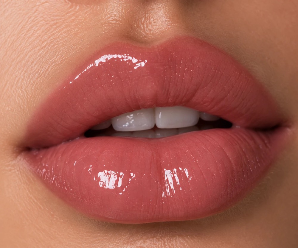 A glossy pink lip photographed close up