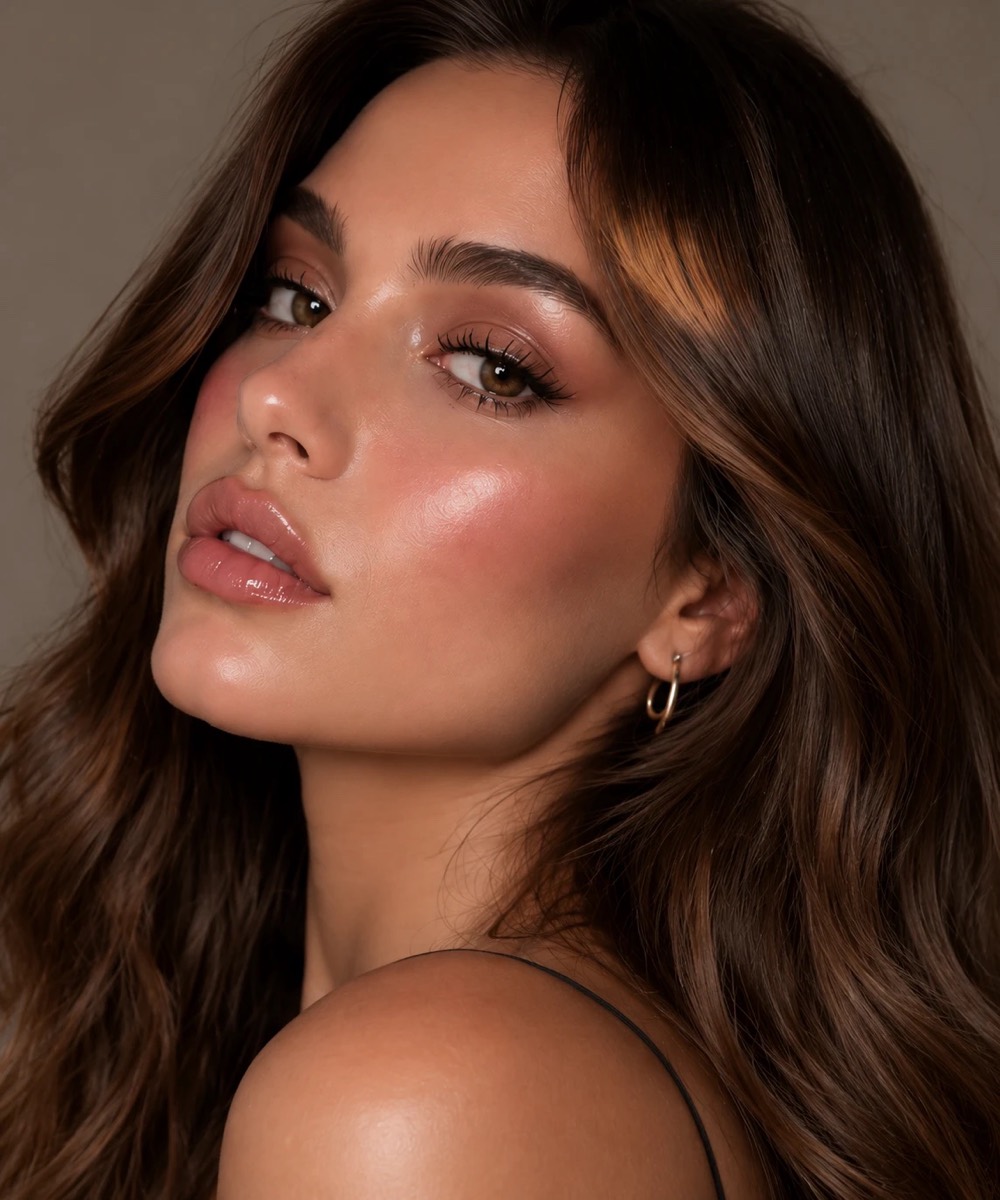 A soft, glossy makeup look photographed close up